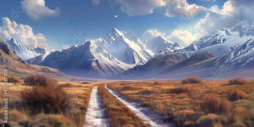 Road through a peaceful valley with snow-capped mountains in the background