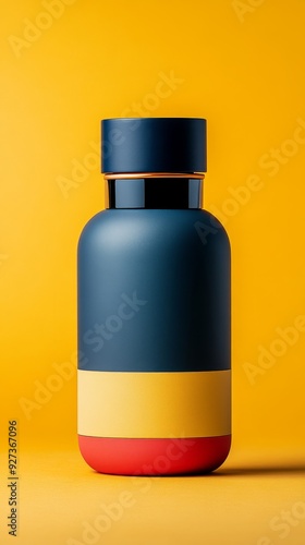 A blue, red and yellow bottle with a yellow background photo