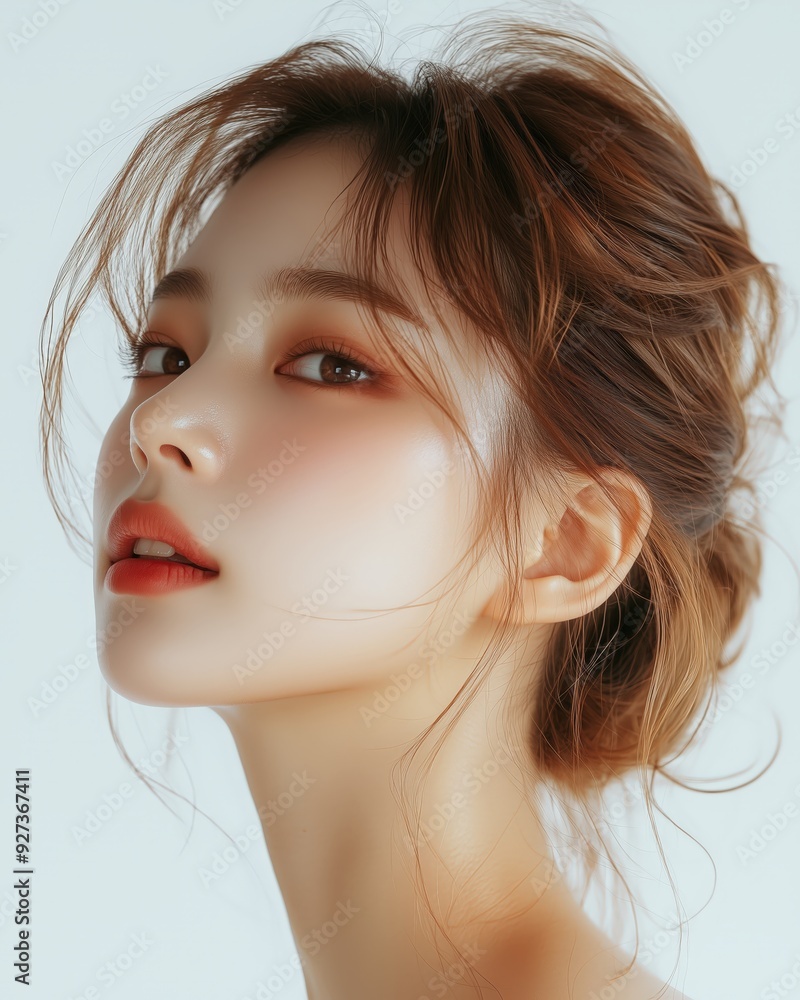 of a beautiful Korean woman with clean, glowing skin, against a white background in a beauty portrait style of a beautiful Korean woman with clean, glowing skin, against a white background in a beauty portrait style