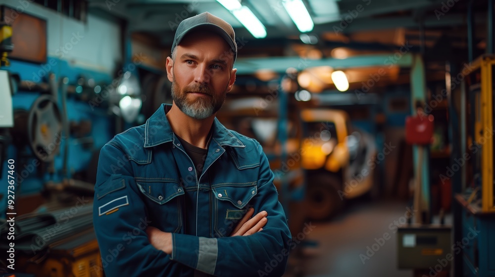 Confident Mechanic in Cap Standing in Workshop with Tools and Equipment Creating Professional Atmosphere Confident Mechanic in Cap Standing in Workshop with Tools and Equipment Creating Professional Atmosphere