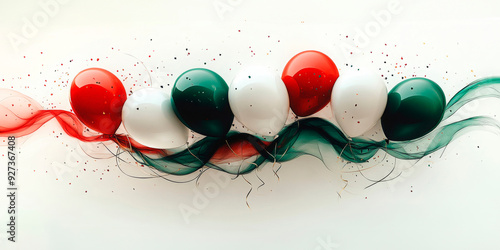 Festive balloons in Mexico's national colors, red, white, and green, floating with confetti. Represents Mexican Independence Day and other national celebrations. Ideal for festive promotions, national