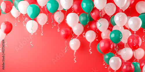 Festive balloons in Mexico's national colors, red, white, and green, floating with confetti. Represents Mexican Independence Day and other national celebrations. Ideal for festive promotions, national
