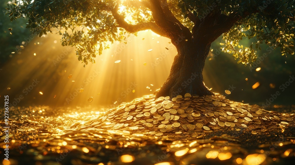 Golden Coins Pile Under a Majestic Tree with Sunlight Streaming Through Leaves in a Magical Forest Golden Coins Pile Under a Majestic Tree with Sunlight Streaming Through Leaves in a Magical Forest
