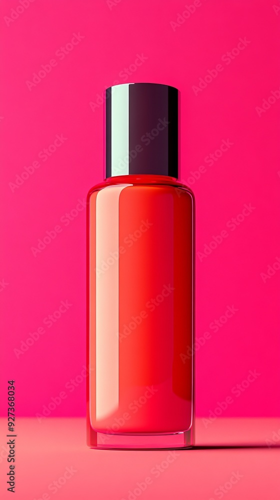 A bottle of red liquid is sitting on a pink background A bottle of red liquid is sitting on a pink background