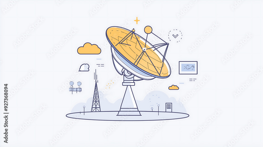 Fototapeta premium Illustration of a satellite dish, a data transfer concept in line art flat vector icon form, with a white background and a yellow outline on the right side