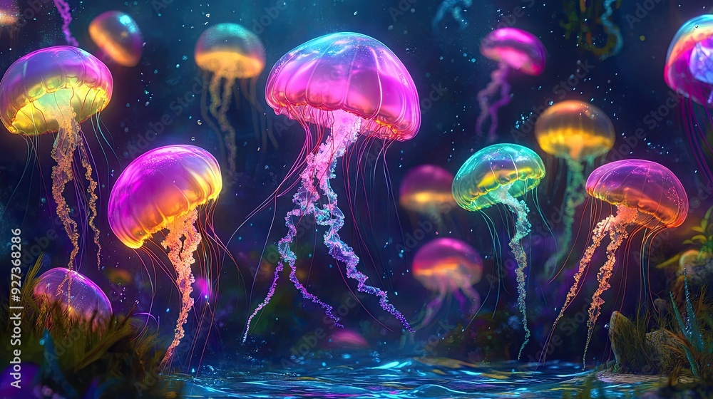 Naklejka premium A group of cartoon jellyfish dancing in the water, with each one glowing in a different color, set in a whimsical underwater world.