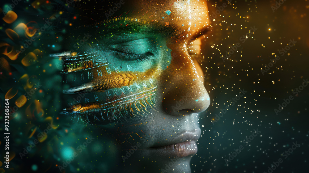 A close-up of a serene face with abstract digital patterns and vibrant colors, embodying technology and human connection. symbolizing the integration of technology with human senses A close-up of a serene face with abstract digital patterns and vibrant colors, embodying technology and human connection. symbolizing the integration of technology with human senses