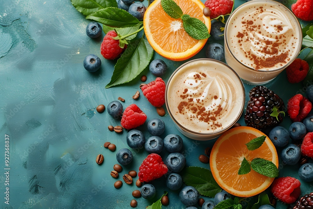 Fresh Berry and Citrus Smoothie with Creamy Swirls and Mint Leaves - Ideal for Healthy Eating and Beverage Promotions Fresh Berry and Citrus Smoothie with Creamy Swirls and Mint Leaves - Ideal for Healthy Eating and Beverage Promotions