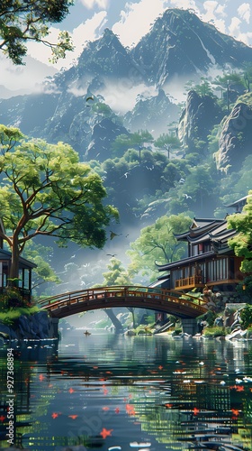 traditional village style chinese art green bridge over river with green tree illustration poster background