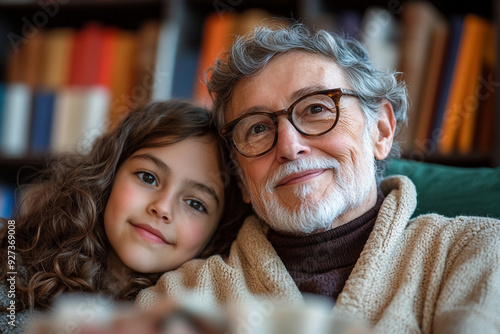 Grandfather and granddaughter smiling together in a cozy living room 