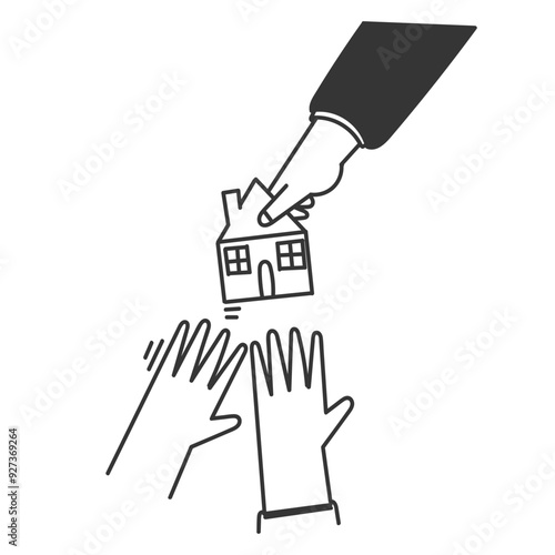doodle hands trying to reach for the mini house taken or given by the bank or businessman