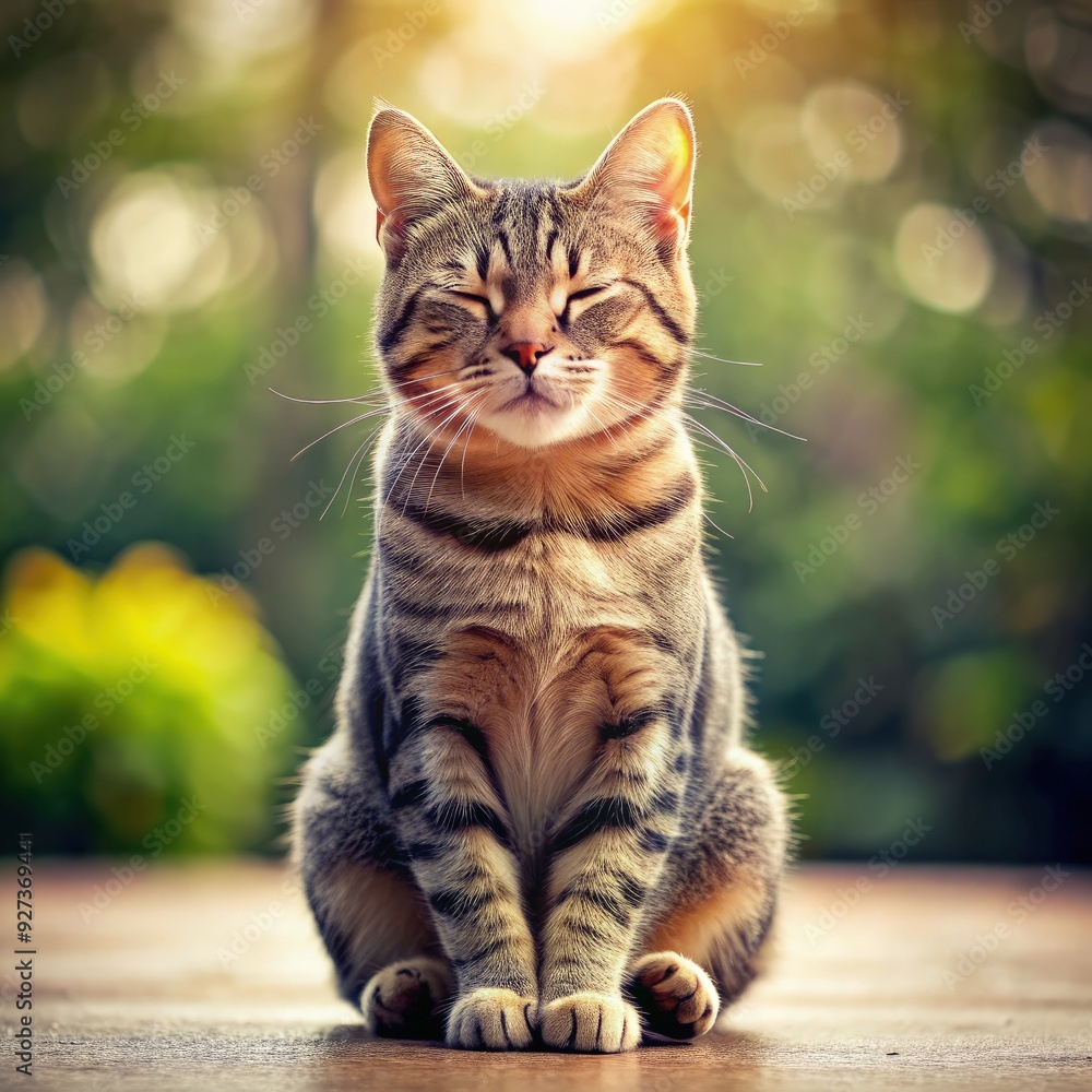 A relaxed cat meditating peacefully in a serene outdoor garden at sunset. Generative AI A relaxed cat meditating peacefully in a serene outdoor garden at sunset. Generative AI