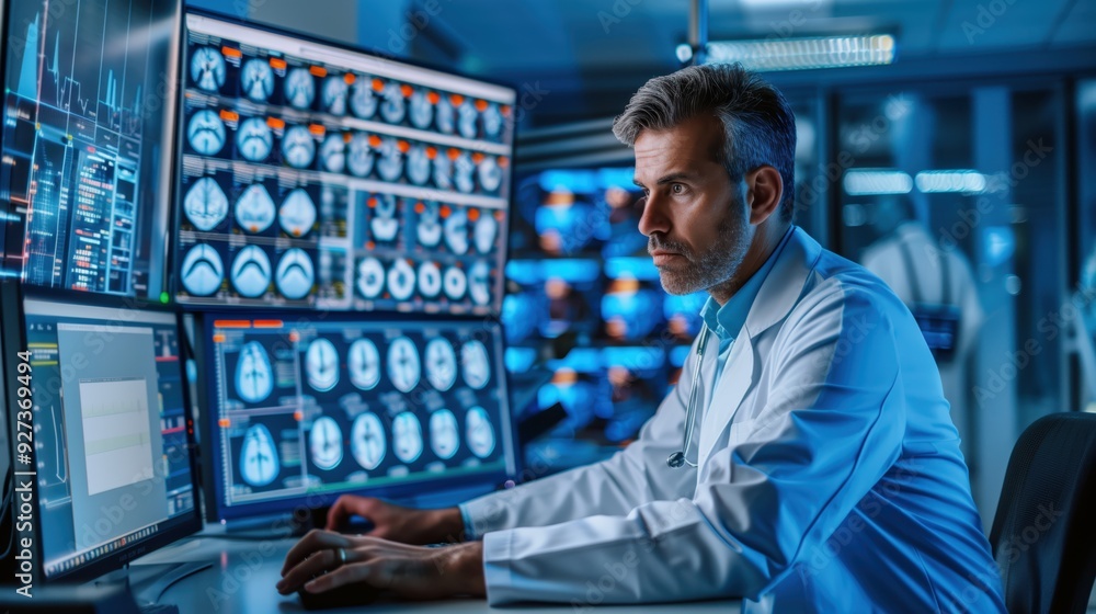 Doctor Analyzing Digital Brain Scans on Multiple Monitors in Advanced Medical Facility