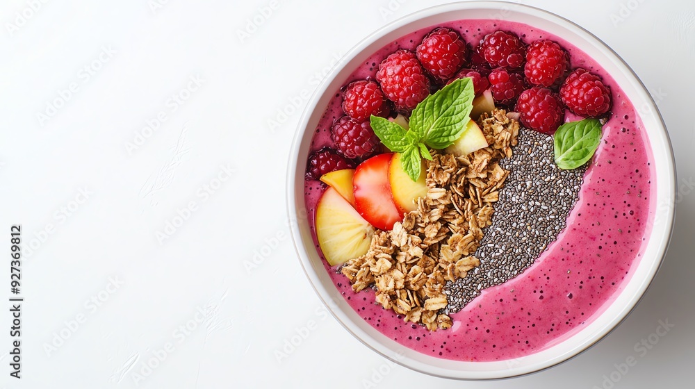 A vibrant smoothie bowl topped with fresh berries, apple slices, granola, and mint for a nutritious start to your day. A vibrant smoothie bowl topped with fresh berries, apple slices, granola, and mint for a nutritious start to your day.