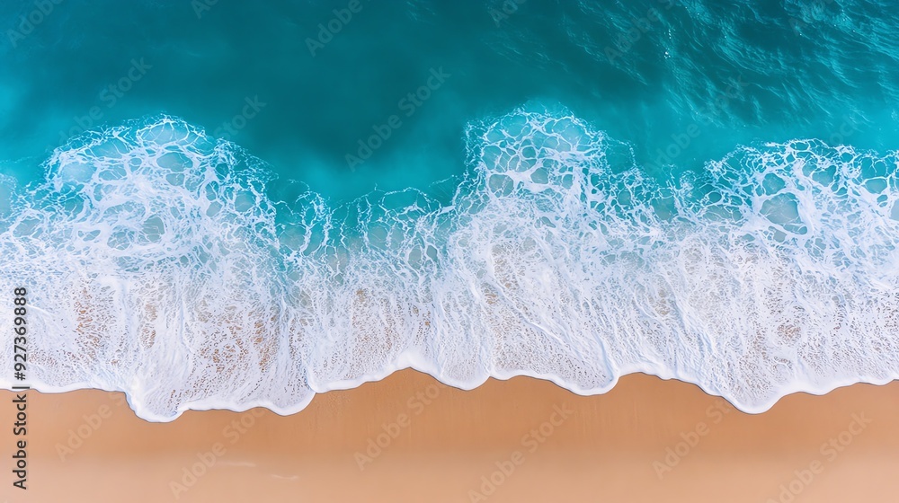 Aerial view of a serene beach with turquoise water and gentle waves lapping at the soft, sandy shore under bright sunlight.