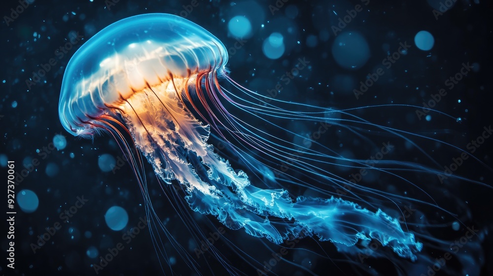 A jellyfish with glowing tentacles drifting through the dark ocean, creating a mesmerizing underwater scene. A jellyfish with glowing tentacles drifting through the dark ocean, creating a mesmerizing underwater scene.