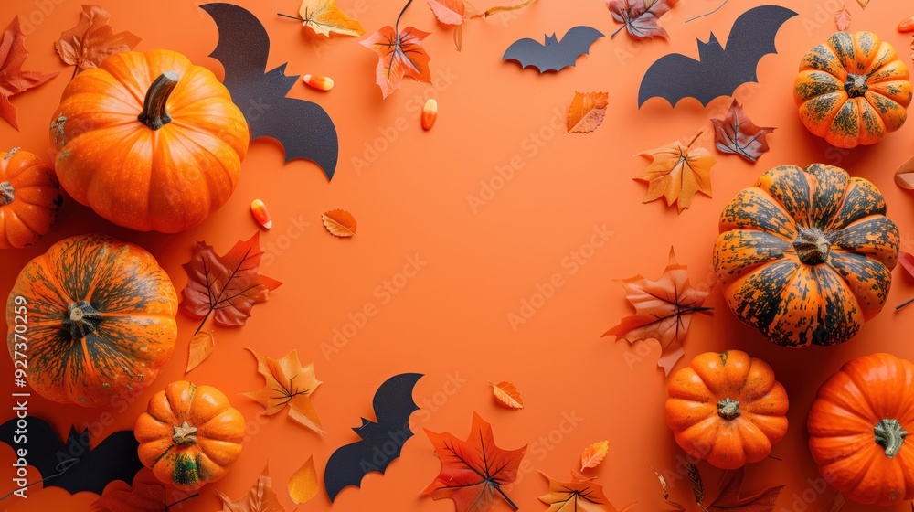 Festive Halloween Arrangement with Pumpkins, Bats, and Autumn Leaves on Orange Background Festive Halloween Arrangement with Pumpkins, Bats, and Autumn Leaves on Orange Background