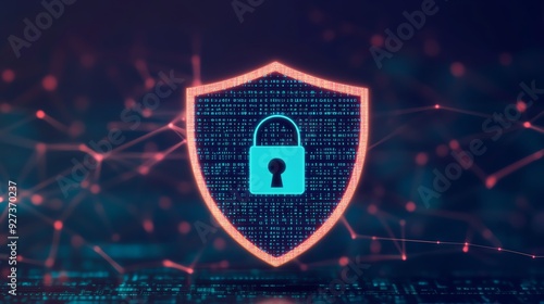 Digital security symbol with a shield and lock, representing data protection and cybersecurity in a tech environment.