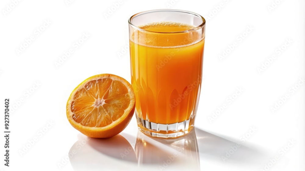 Freshly poured vibrant orange juice in a clear glass with a halved orange nearby. Generative AI Freshly poured vibrant orange juice in a clear glass with a halved orange nearby. Generative AI