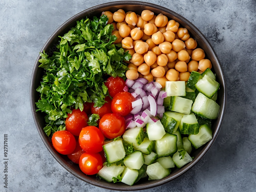 Bowl of fresh chickpeas, red onion, tomatoes, cucumber and parsley. Bowl of fresh chickpeas, red onion, tomatoes, cucumber and parsley.