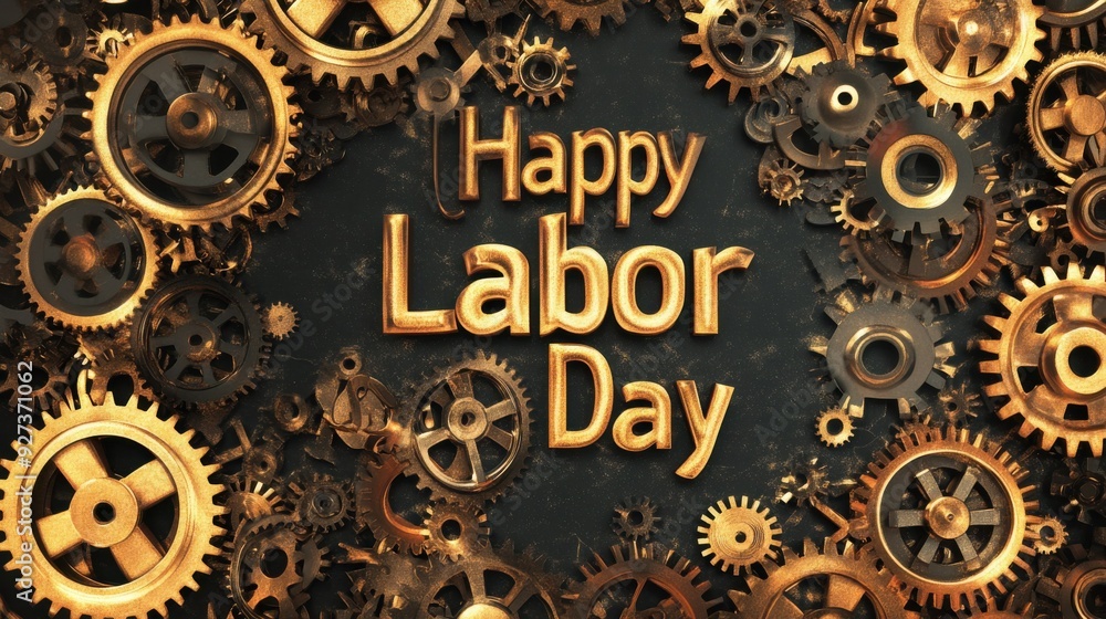 Fototapeta premium Golden Gears and Happy Labor Day Celebration Design