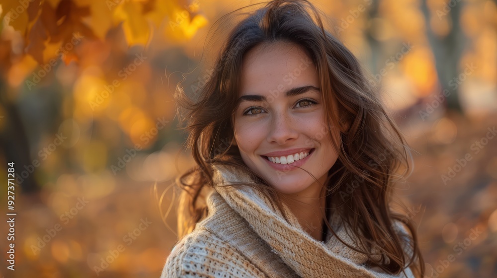 Smiling Woman in Cozy Sweater Surrounded by Autumn Leaves, Embracing Fall Season's Warmth Smiling Woman in Cozy Sweater Surrounded by Autumn Leaves, Embracing Fall Season's Warmth