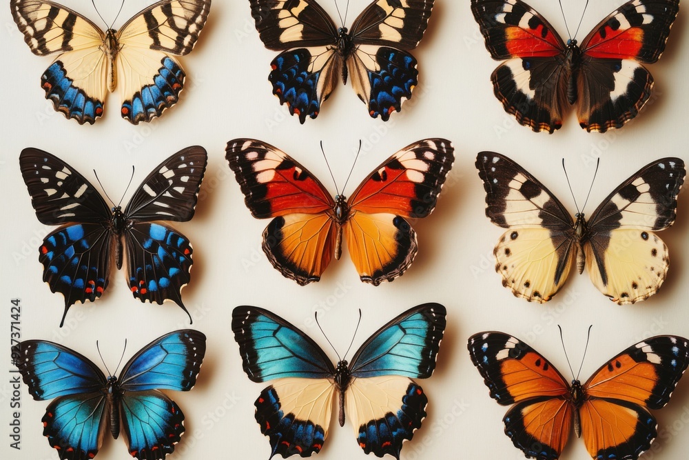 Artistic display of colorful butterflies arranged in a grid on a light background Artistic display of colorful butterflies arranged in a grid on a light background