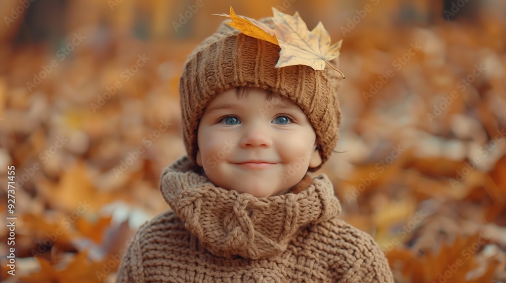 Adorable Toddler in Warm Knitted Outfit Smiling Amidst Autumn Leaves in a Beautiful Fall Setting Adorable Toddler in Warm Knitted Outfit Smiling Amidst Autumn Leaves in a Beautiful Fall Setting