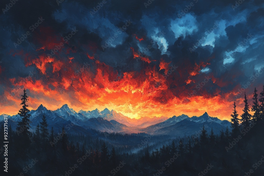 Fiery Sunset Over Mountain Range Fiery Sunset Over Mountain Range