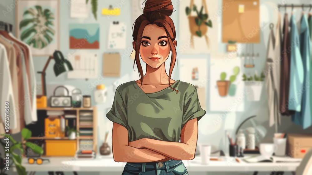 Cartoon vector fashion designer presenting a new clothing line in a creative workspace Cartoon vector fashion designer presenting a new clothing line in a creative workspace