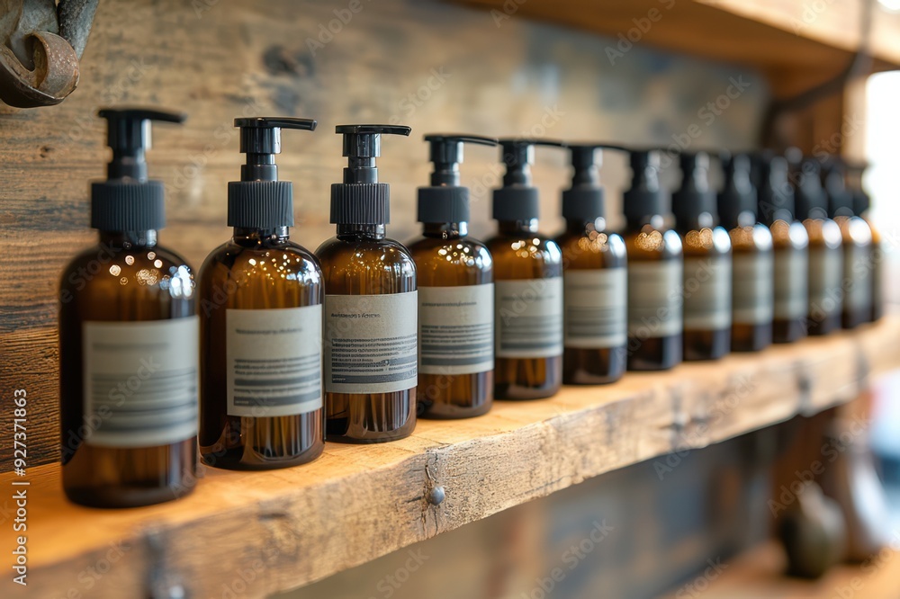 A row of skincare product bottles with pump dispensers A row of skincare product bottles with pump dispensers