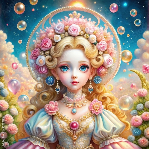 A celestial doll adorned with flowers and bubbles in a whimsical setting. Generative AI photo