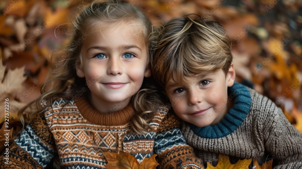 Smiling Siblings Enjoying Autumn Leaves in Cozy Sweaters Outdoors During Fall Season Smiling Siblings Enjoying Autumn Leaves in Cozy Sweaters Outdoors During Fall Season