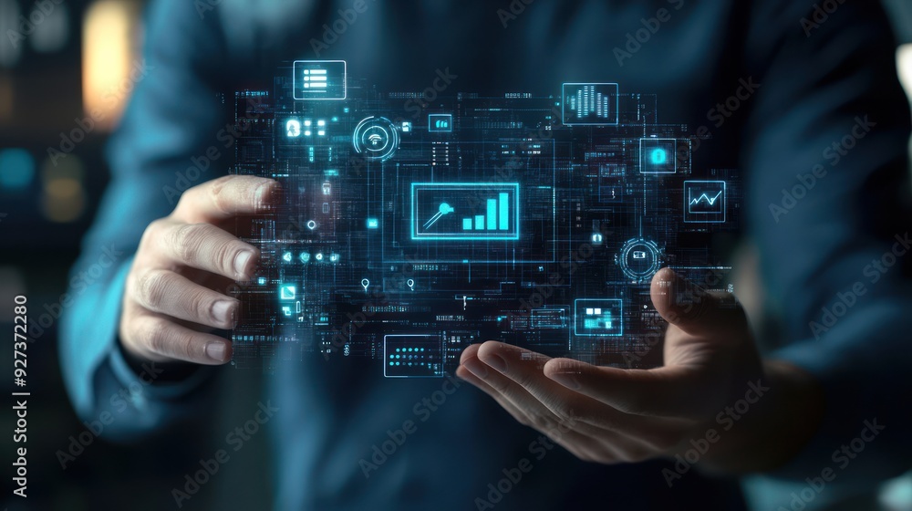 A Person Holding a Holographic Display with Data and a Bar Graph A Person Holding a Holographic Display with Data and a Bar Graph
