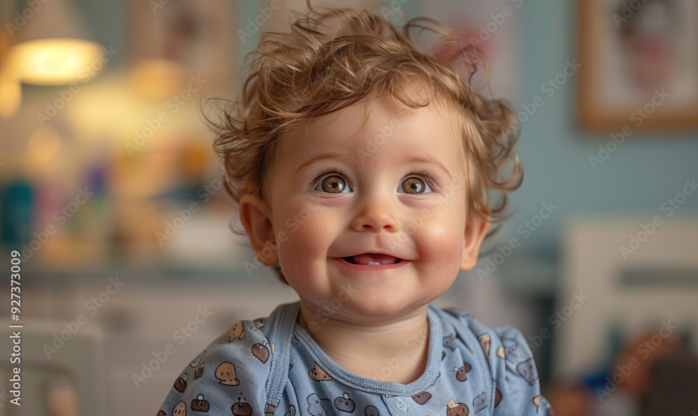 A baby boy sits happily in a clinic room, smiling up. A baby boy sits happily in a clinic room, smiling up.