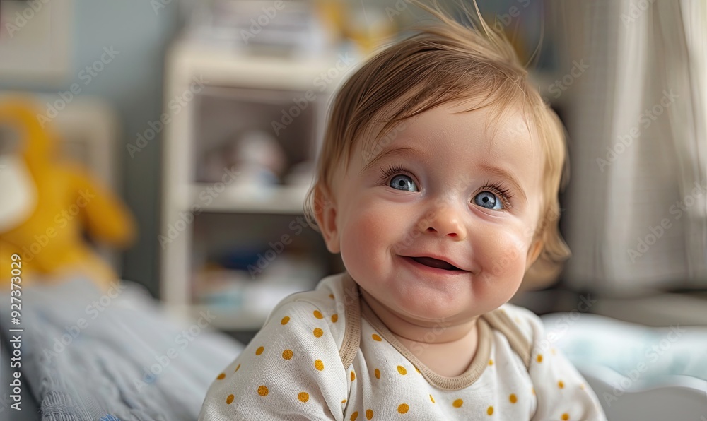 A baby boy sits happily in a clinic room, smiling up. A baby boy sits happily in a clinic room, smiling up.