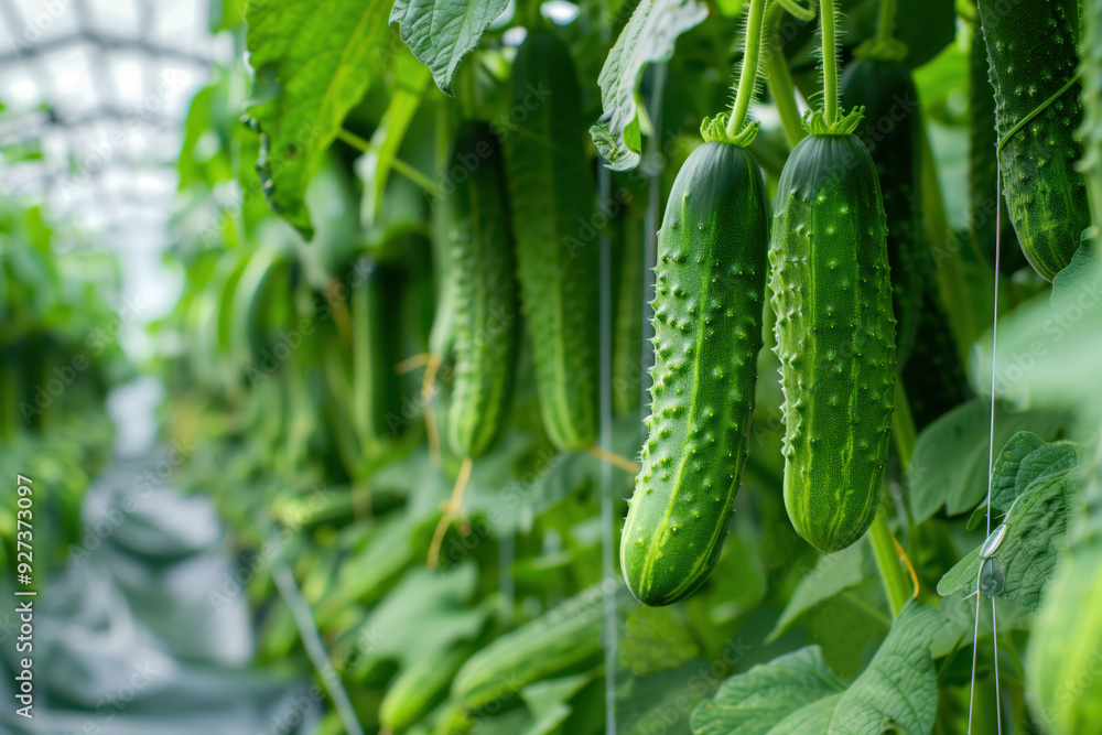 Fresh Green Cucumbers Growing in a Greenhouse With Lush Leaves and Vibrant Environment Fresh Green Cucumbers Growing in a Greenhouse With Lush Leaves and Vibrant Environment