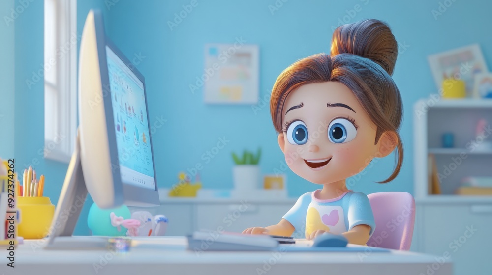 Happy school girl with computer, funny facial expression, 3d style cartoon character Happy school girl with computer, funny facial expression, 3d style cartoon character