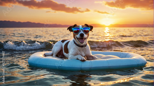 A pet with glasses conquers the sea waves on a mattress, energizing everyone with his positive attitude