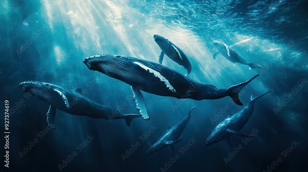 Fototapeta premium A pod of humpback whales gracefully swimming through the deep blue sea, showcasing their immense size and power.