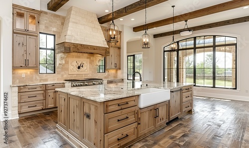 A luxurious traditional kitchen featuring hardwood floors, wooden beams, a large island with quartz counters, farmhouse sink, and elegant pendant lighting.