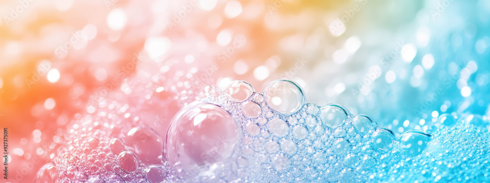 Macro photo of bubbles in water with foam made of soap, shampoo, lotion, detergent in colorful background Macro photo of bubbles in water with foam made of soap, shampoo, lotion, detergent in colorful background