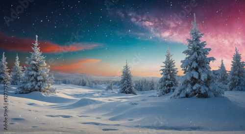 New Year background , winter landscape at sunset and lots of snow