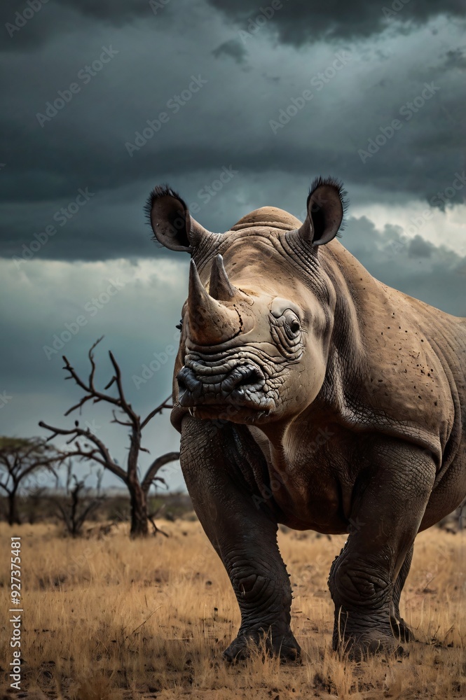 Fototapeta premium A rare black rhino standing in a dry savanna, with a dramatic, stormy sky overhead and a sense of looming danger. Generative AI