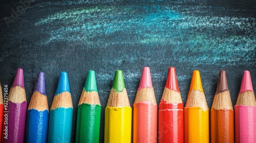 A vibrant and colorful arrangement of sharpened pencils laid neatly in a row on a chalkboard background, offering a contrast between the bright pencils and dark background.