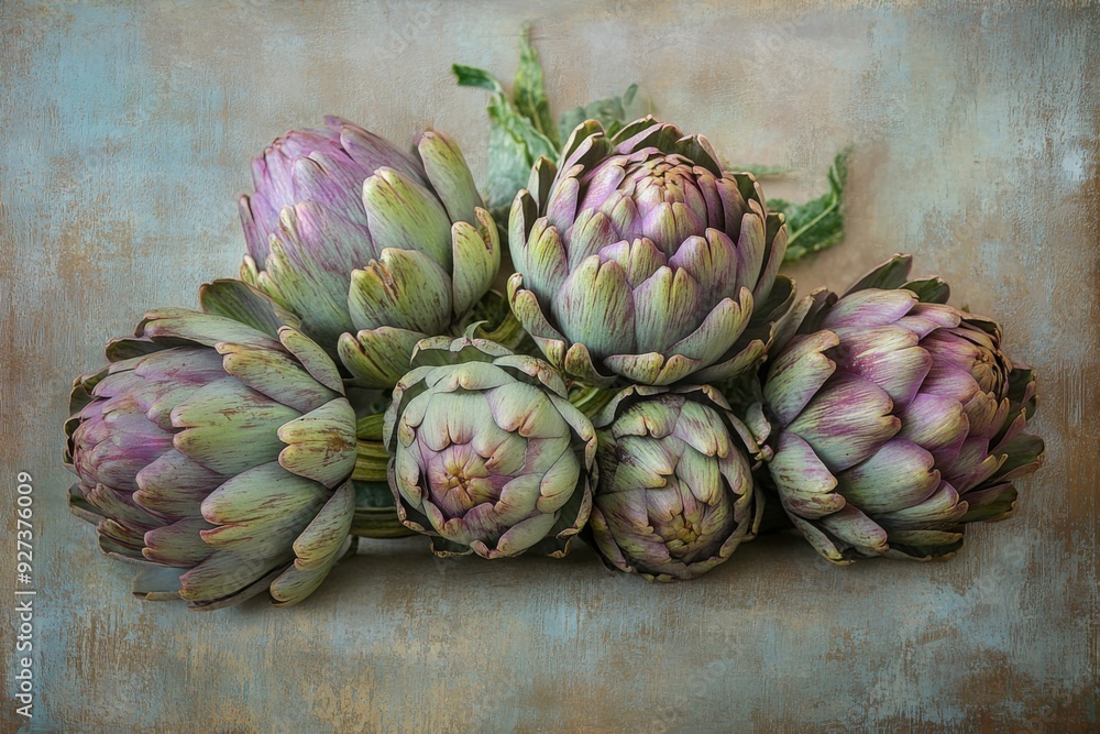 Artistic arrangement of fresh artichokes on a textured surface Artistic arrangement of fresh artichokes on a textured surface