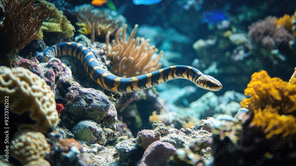 A sea snake slithering through a coral reef, its slender body weaving between the rocks and coral. A sea snake slithering through a coral reef, its slender body weaving between the rocks and coral.