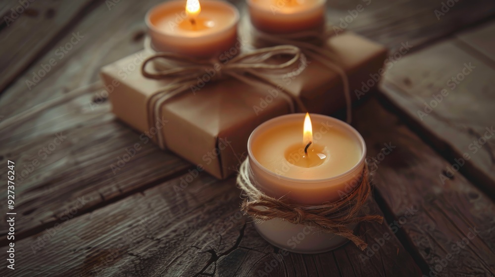 Candles in gift box on wood surface Candles in gift box on wood surface