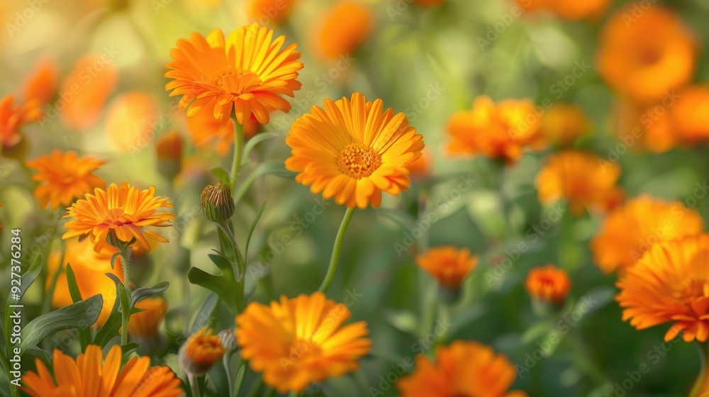 Calendula floral backdrop with bright orange flowers and space for text viewing horizontally Calendula floral backdrop with bright orange flowers and space for text viewing horizontally