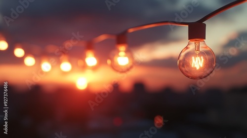 A beautiful capture of string lights creating a warm and inviting atmosphere as the sun sets, casting a soft and pleasant glow perfect for an evening outdoors. photo